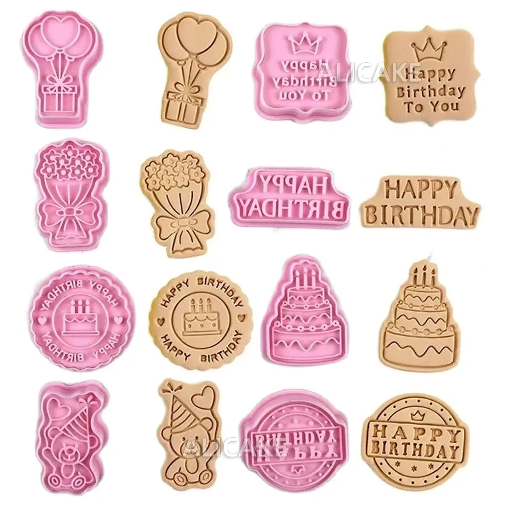 8 Pieces Of Happy Birthday Cutting Tools, Plastic Baking Pastry Tools, Bouquet Cake Pattern Cookie Stamps, Valentine's Day Cooki