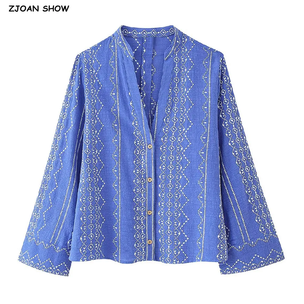

2025 BOHO синяя хлопково-льняная рубашка с цветочной вышивкой, женские однобортные свободные топы с v-образным вырезом и длинными рукавами, блузки