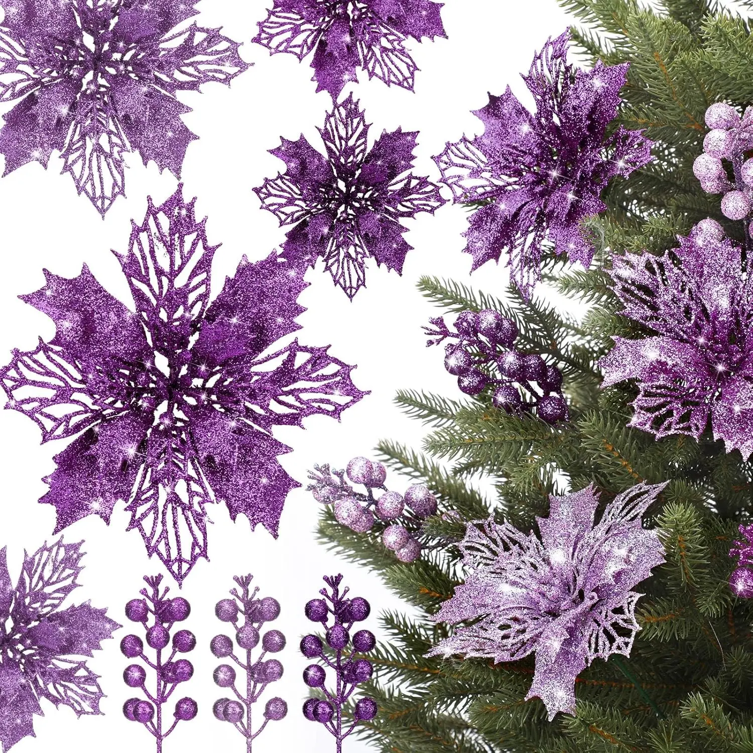 

Фиолетовые елочные украшения: выборки и блестящие пуансеттии для гирлянды рождественского венка