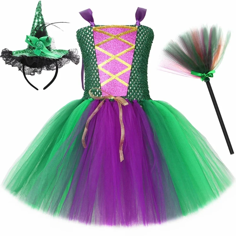 Girls Hocus Pocus Sanderson Sisters Tutu Dresses & Capes For Kids Halloween Witch Cosplay Costumes Children Fancy Gown Dress 12T