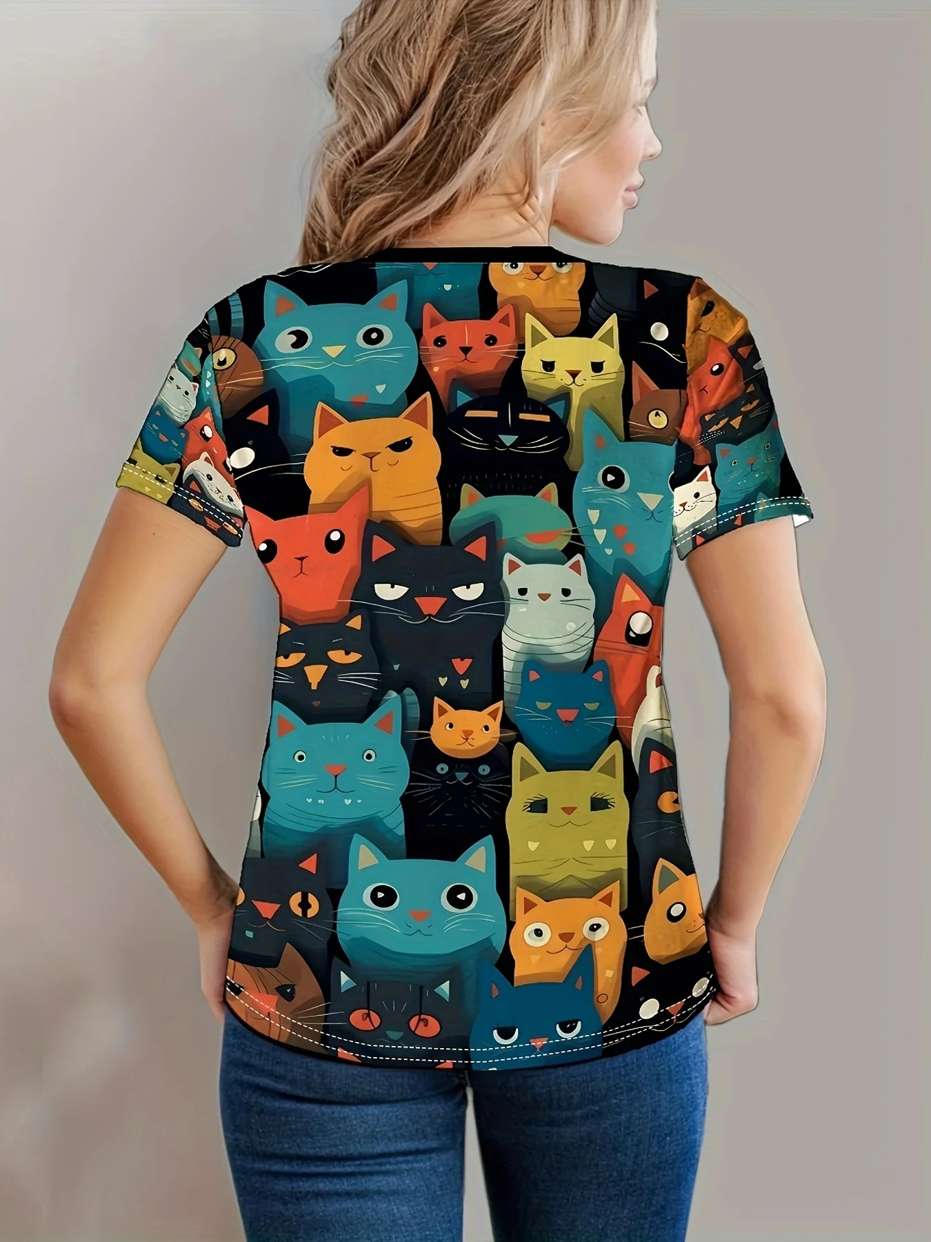 Cats Print Crew Neck T-Shirt, Cute Short Sleeve T-Shirt For Spring & Summer, Women's Clothing