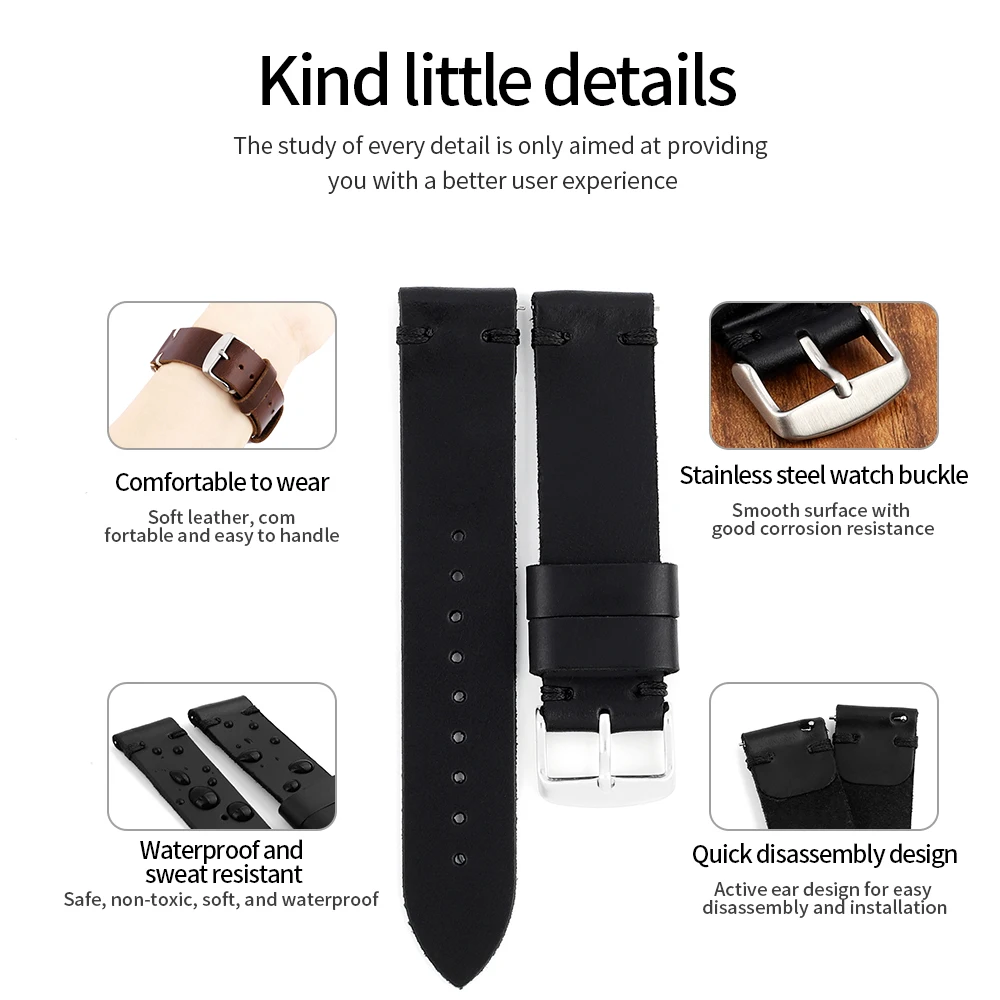 Genuine Leather Strap Watch Accessories Handmade Stitched Watchbands 18mm 20mm 22mm Coffee Black Watch Bracelets Band