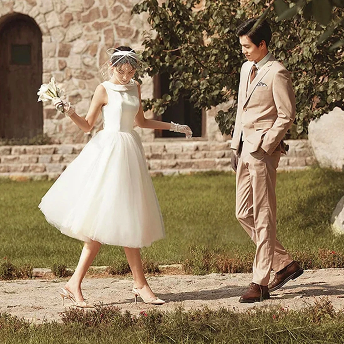 Robe de mariée A-Line avec broderie en tulle à col rond, photographie de voyage, nouveauté