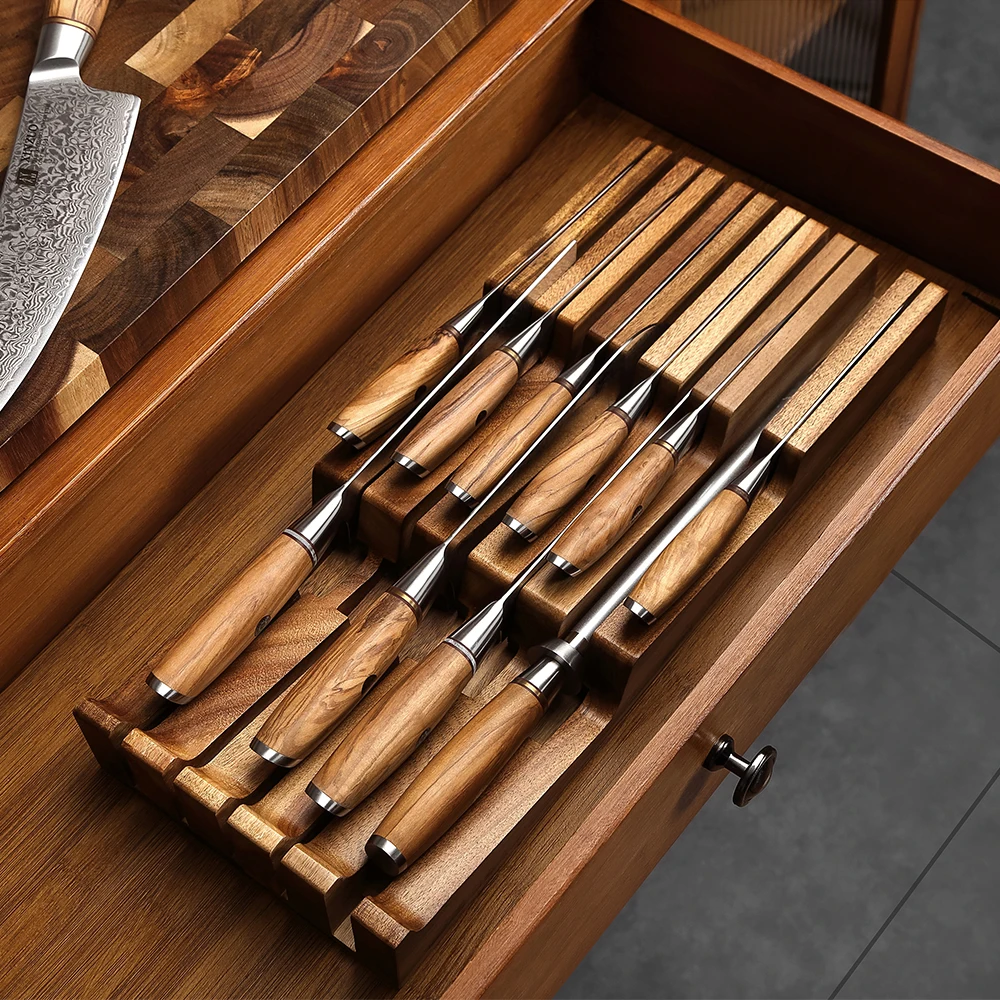 XINZUO 11 Slots in-drawer Knife Holder Acacia Wood 4 Large Slots+6 Small Slots+1 Sharpening Rod Slot  Practical Kitchen Tool