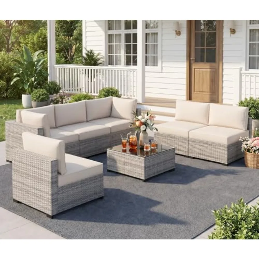 Outdoor patio conversation set: wicker rattan furniture in beige, weather-resistant for backyard use, includes sectional sofa,