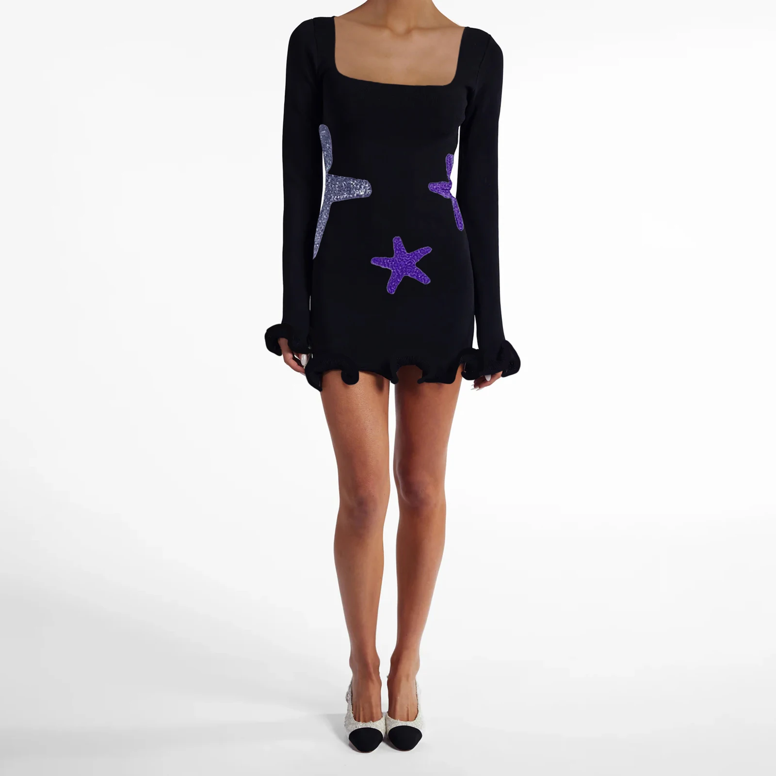 Women's Long Sleeve Mini Dress Square Neck Glitter Starfish Ruffled Hem Bodycon Dress Casual Work Dress