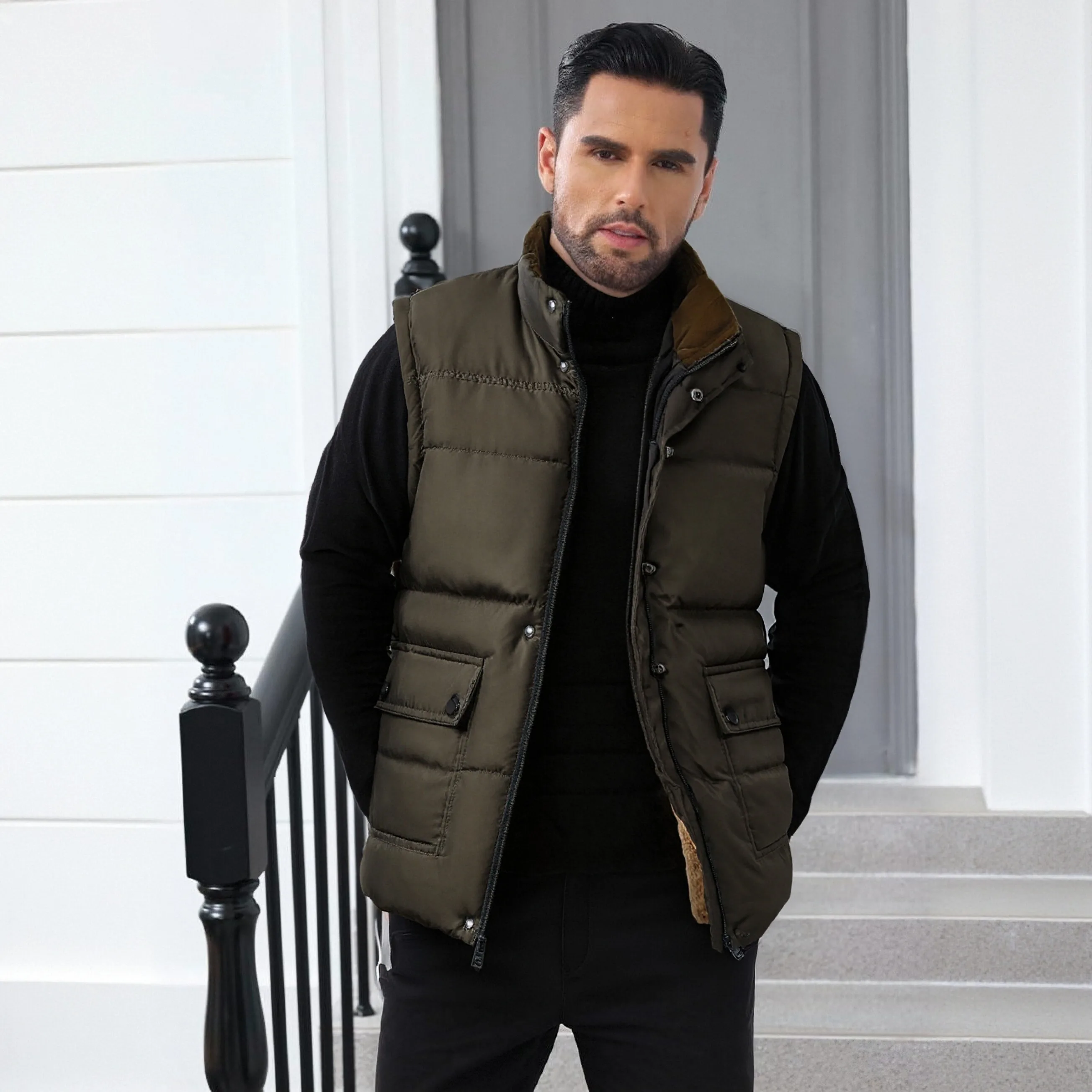 Winter Men Vest Fleece Lined Camping Windproof Durable Padded Jacket Premium Windproof Stand Collar Hiking Warm Sleeveless Vest