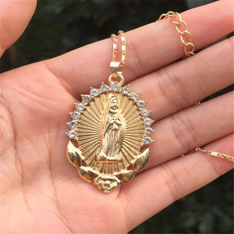 Mother Maria Virgin Mary Pendant Necklace With Crystal for Women Gold Color Lady Jewelry Cross Trendy Chain Jesus Mom Necklaces