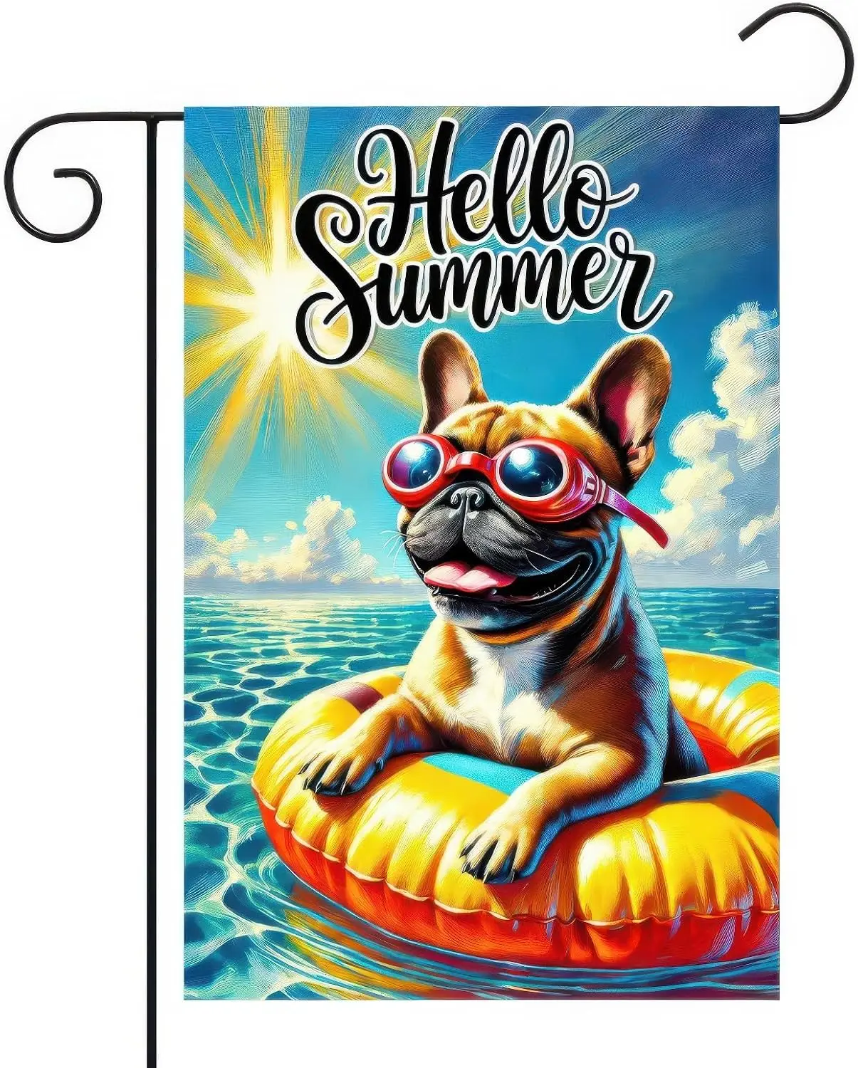 BlissYard Hello Summer Garden Flag French Bulldog 12x18 Vertical Double Sided for Seasonal Tropical Seasonal Farmhouse Yard  uui