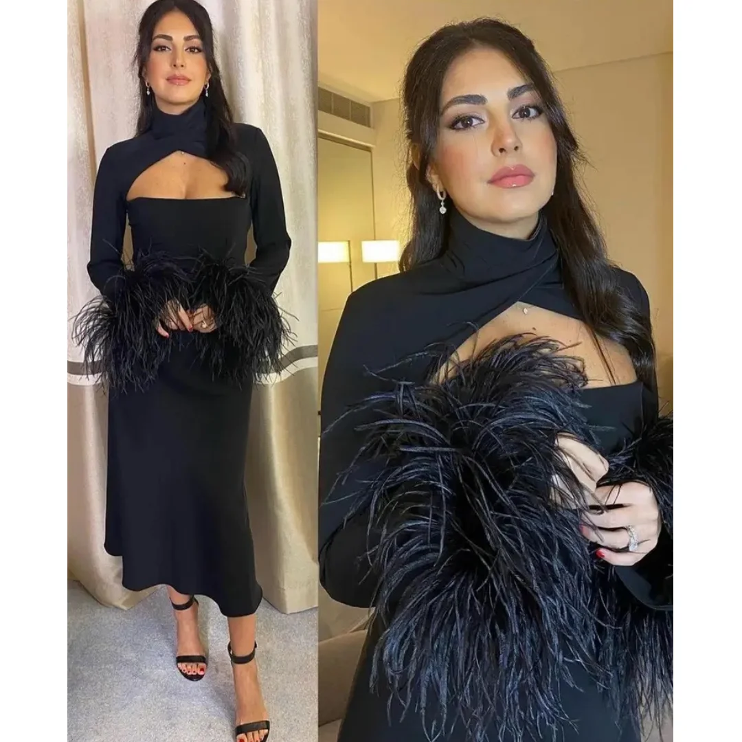 

Annie Vintage Black Prom Dresses Long Sleeve Feather Luxury Evening Dresses فساتين السهرة Formal Occasions Ladies Party Dress