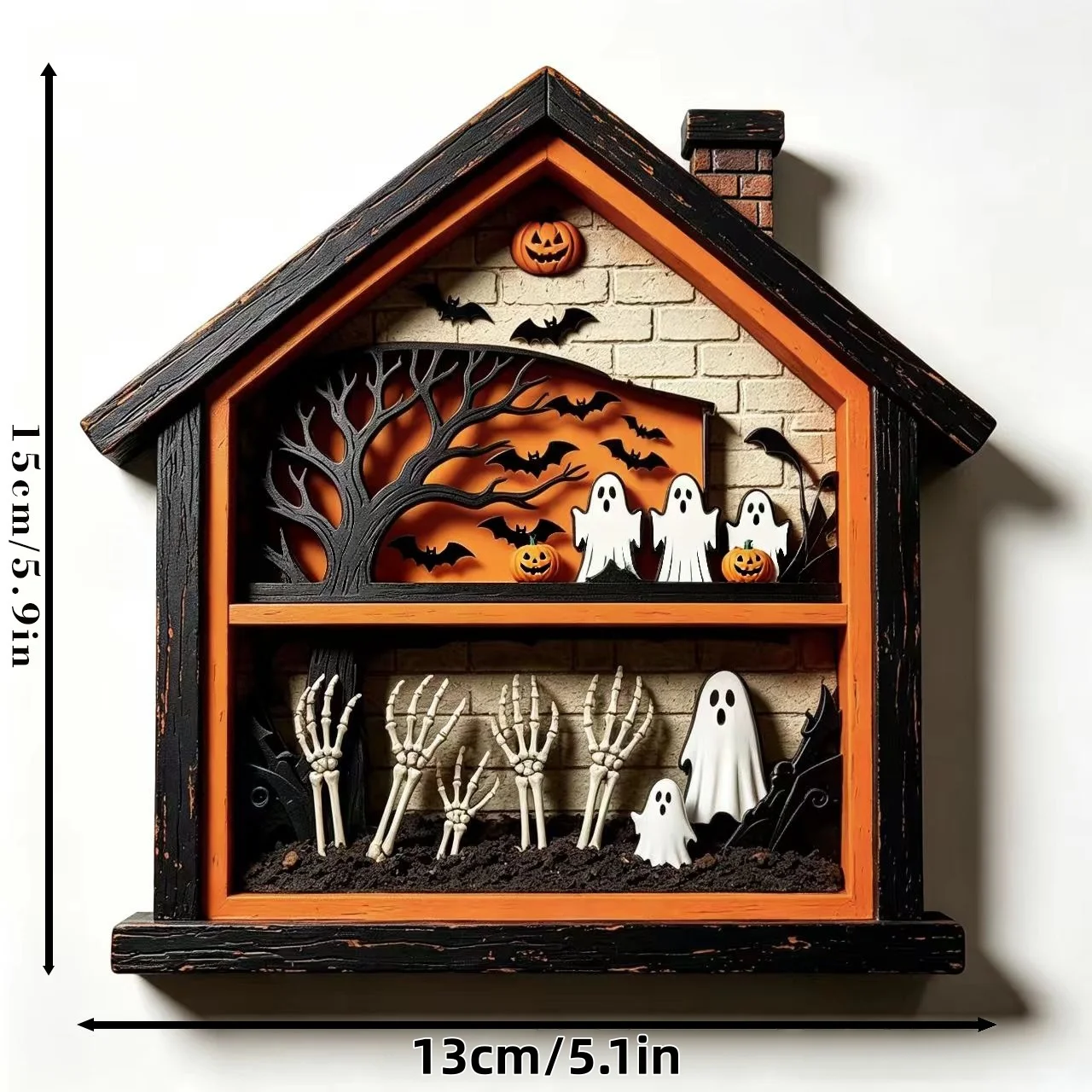 Halloween Wooden Haunted House Shadow Box,3D Layered Decor with Ghost Pumpkin Bat,Retro Craft for Home Table Wall Party Ornament