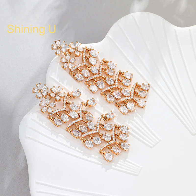 

Сияющие U Роскошные серьги-подвески светло-желтого золота с цирконием и драгоценными камнями для женщин, модные ювелирные изделия для вечеринки, Новый год