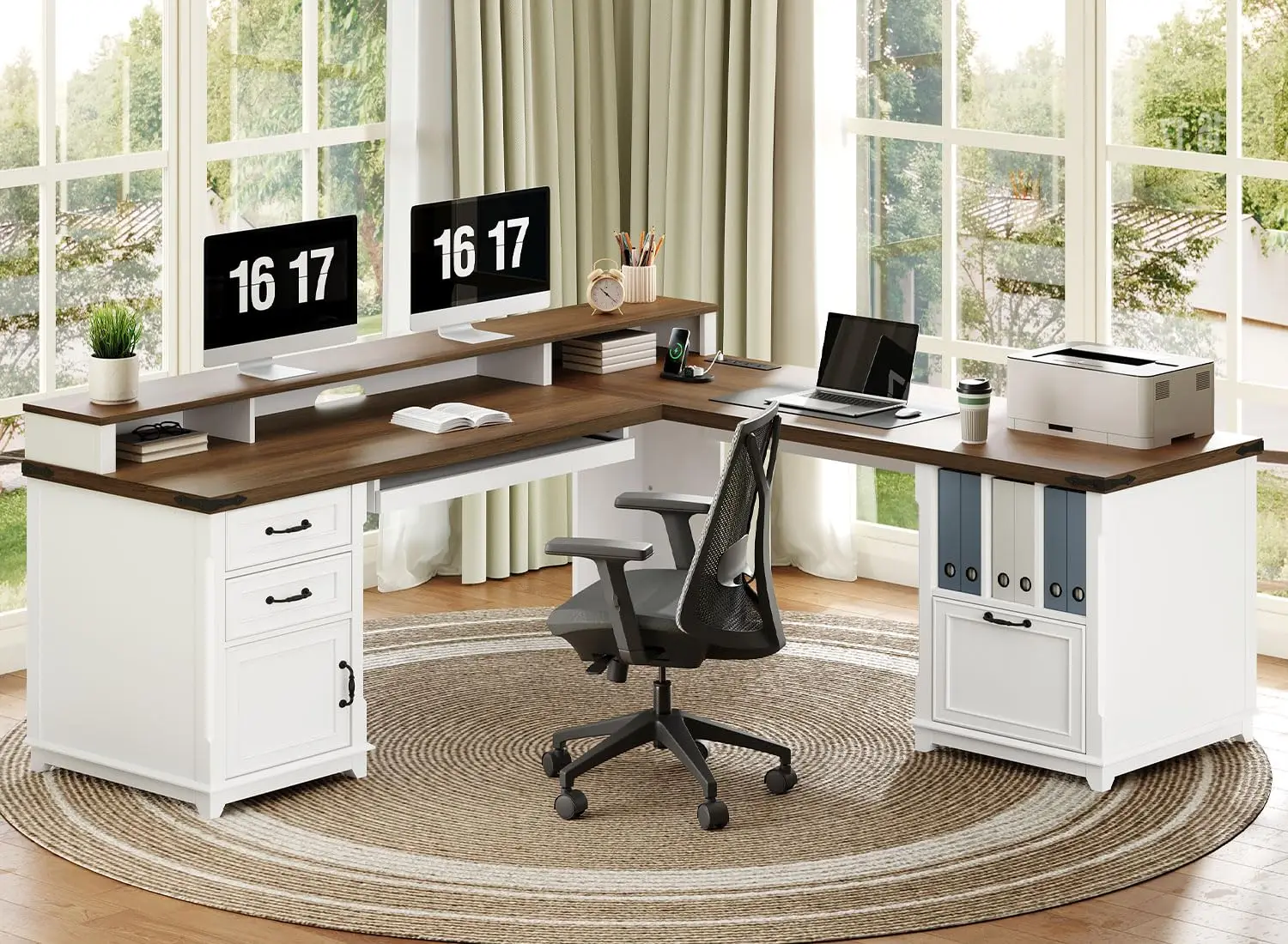 L Shaped Executive Desk with Drawer Charging Station Monitor Stand File Cabinet 69