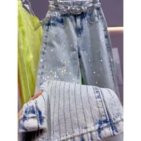 Retro Heavy Work Loose High Waist Straight Leg Jeans Full Body Vertical Diamond Pattern Fashionable Women's Denim Pants