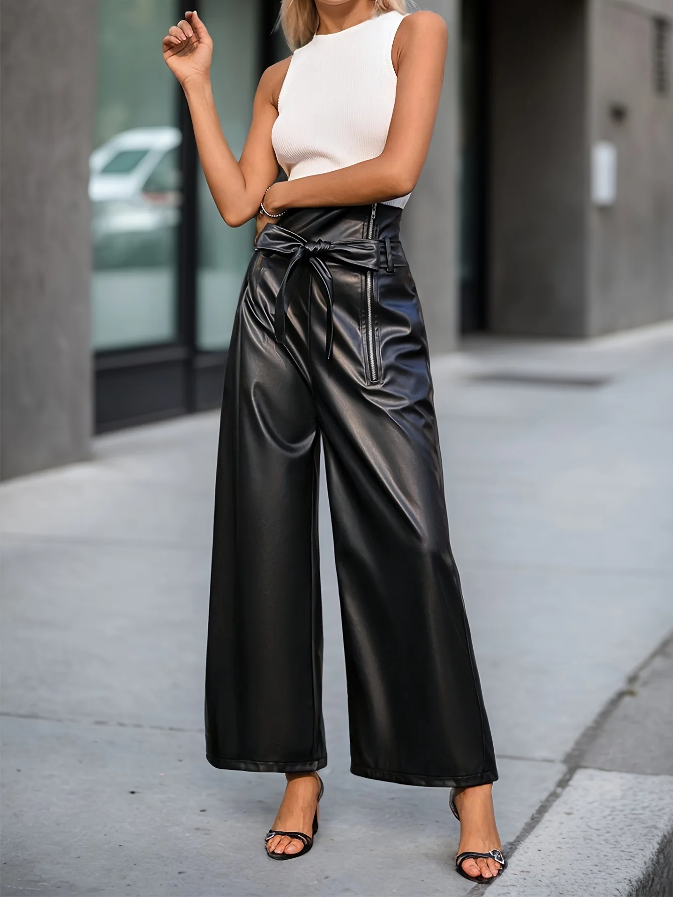 Trend Solid Color Pu Leather Pants Women Zipper Bowknot Leace-up High Waist Wide Leg Trousers Comfortable Casual Commuting Style