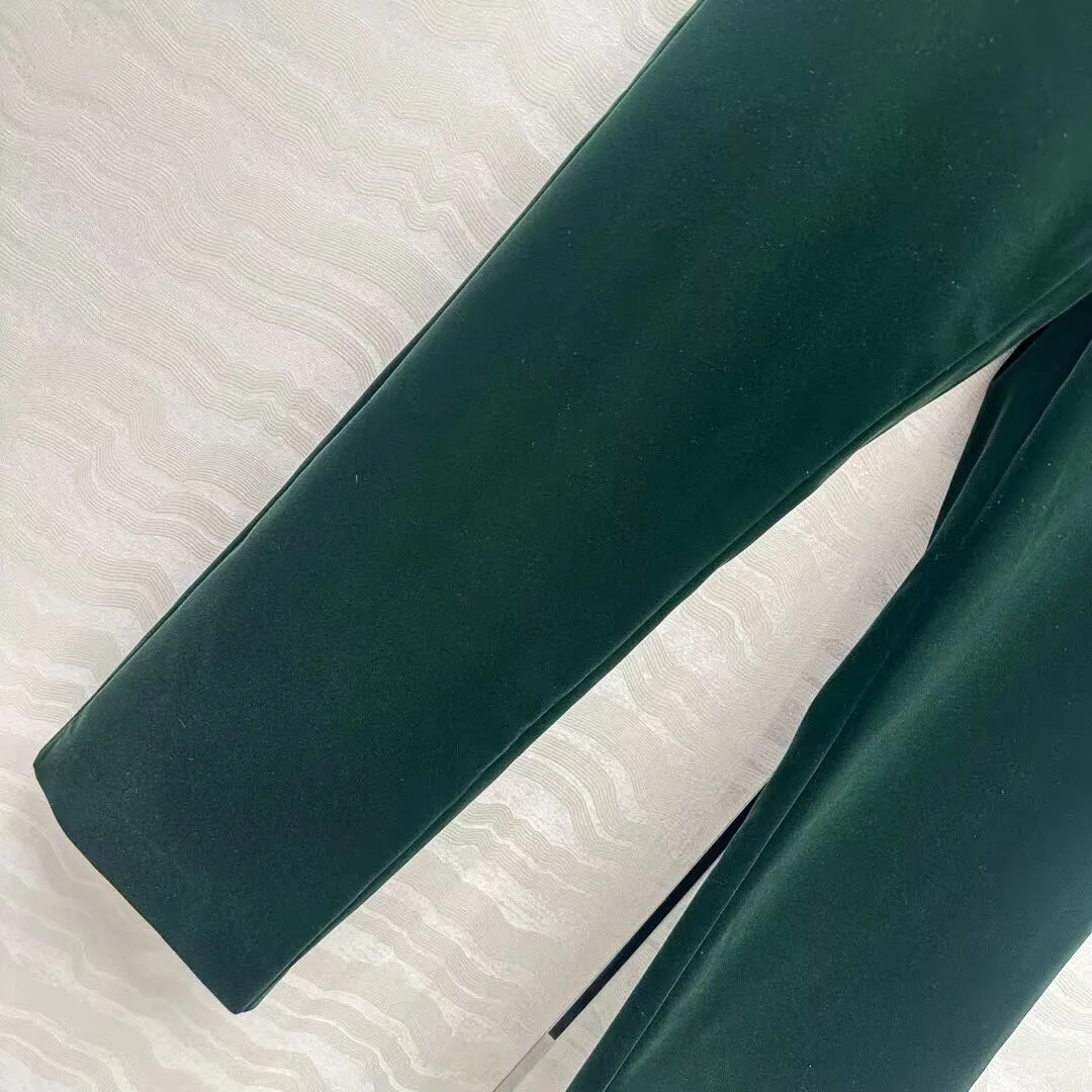 New Fashion Autumn Elegant Fashion Dark Green Velvet Retro Suit Pants Women High Waist Casual Straight Ankle Length Trousers