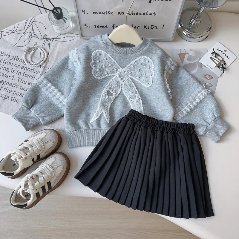 

Children's Set New Autumn Girls Sweet Cute Lace Bow Beaded Sweatshirt+Pleated Skirt Two-Piece Set