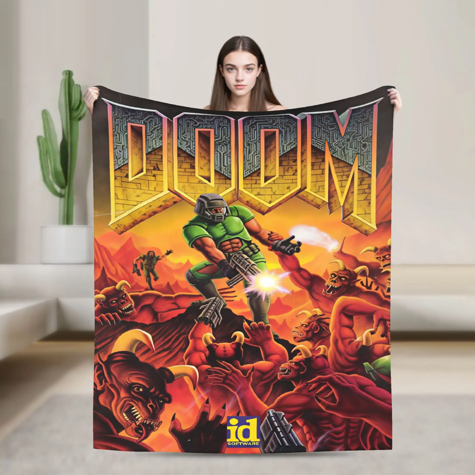 Doom Slayer Gaming Blanket  Warm Soft Print Plush Throw Blanket For Couch Chair Sofa Bed Camping Flannel Bedspread Bed Cover