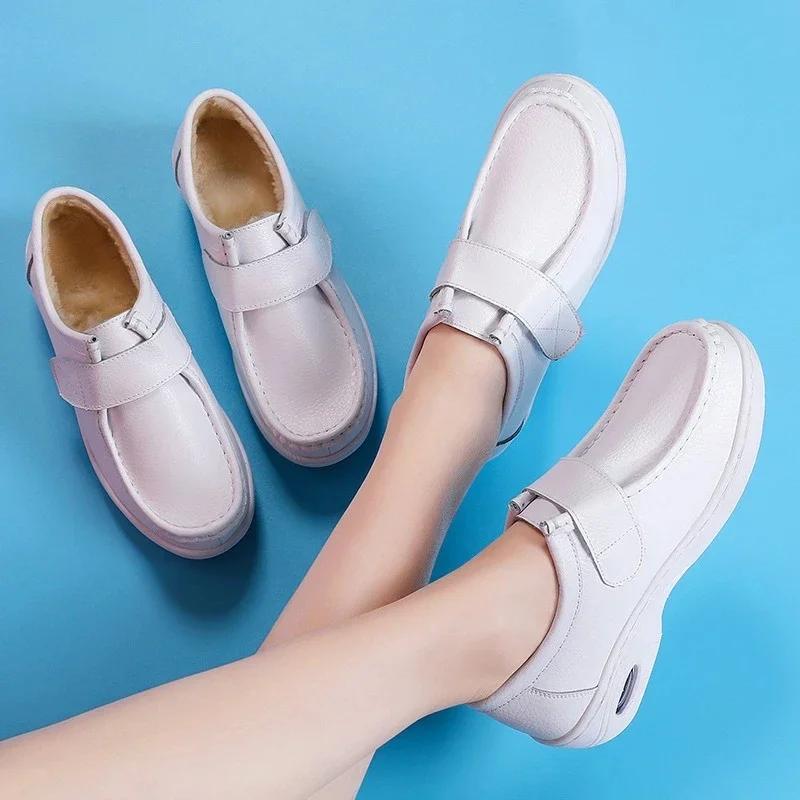 autumn and winter new fashion casual adult women\'s shoes Nurse shoes white flat leather fashion white  women shoes