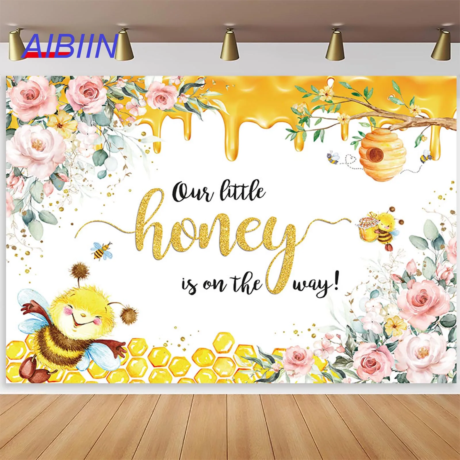 

Bee Theme Baby Shower Backdrop Our Little Honey is on The Way Photography Background Honeycomb Flower Boy or Girl Party Decor