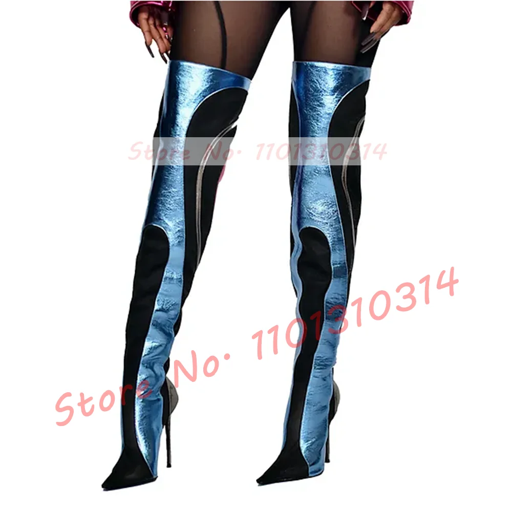 Multi Colors Metallic Mesh Over Knee Boots Women Sexy Heart Print Thin High Heels Shoes Ladies Fashion Pointy Shiny Slim Boots