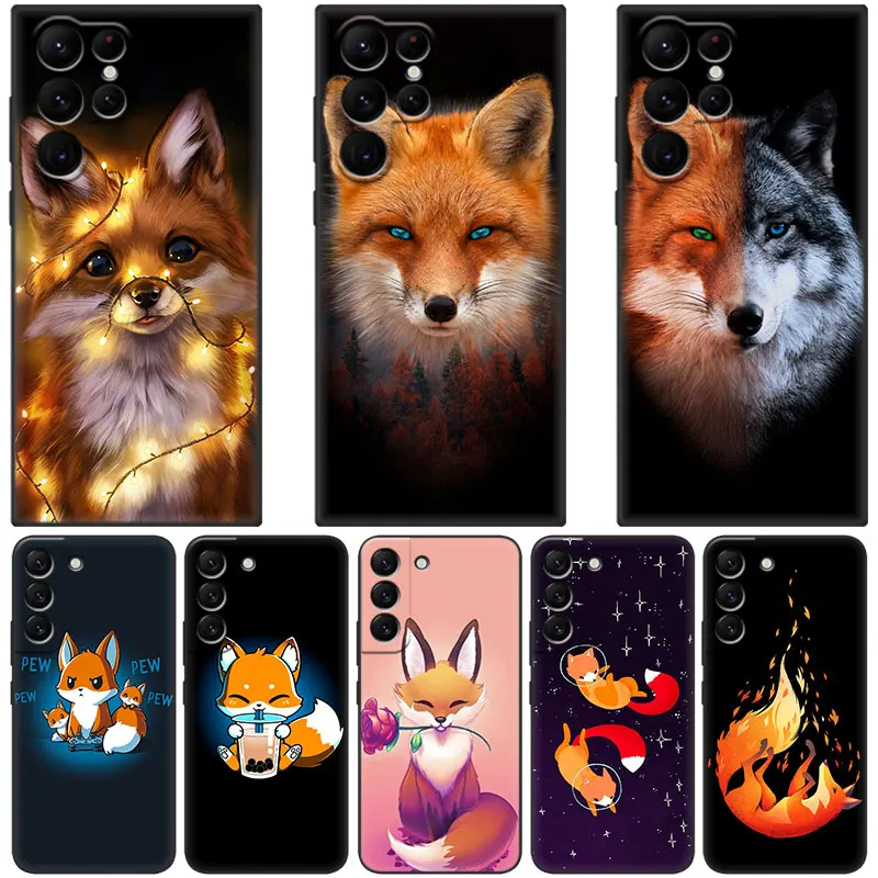 Cute Cartoon fox Phone Case For Samsung Galaxy S23 S22 S21 Ultra S20 FE 5G S10E S10 Lite S9 S8 Plus S7 Edge Black Cover