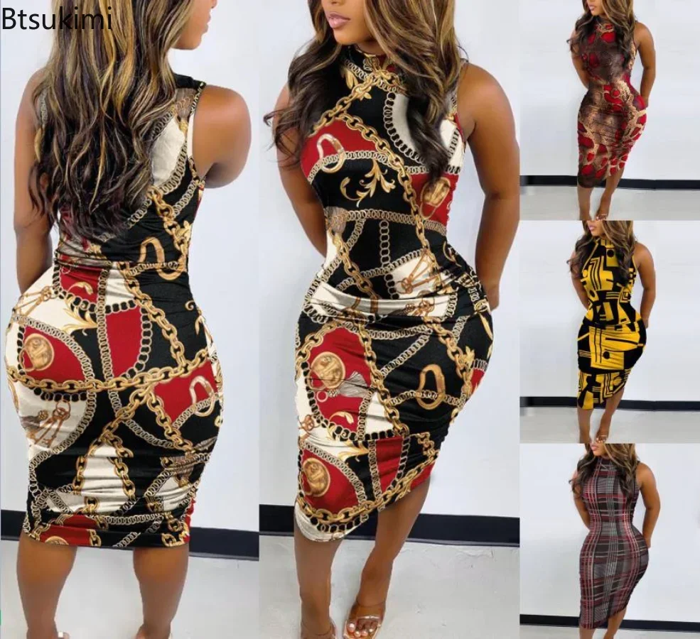 

New Summer Women Sleeveless Dress Printed Sexy Slim Pullover O Neck Midi Bodycon Dress Nightclub Party Elegant Evening Dresses