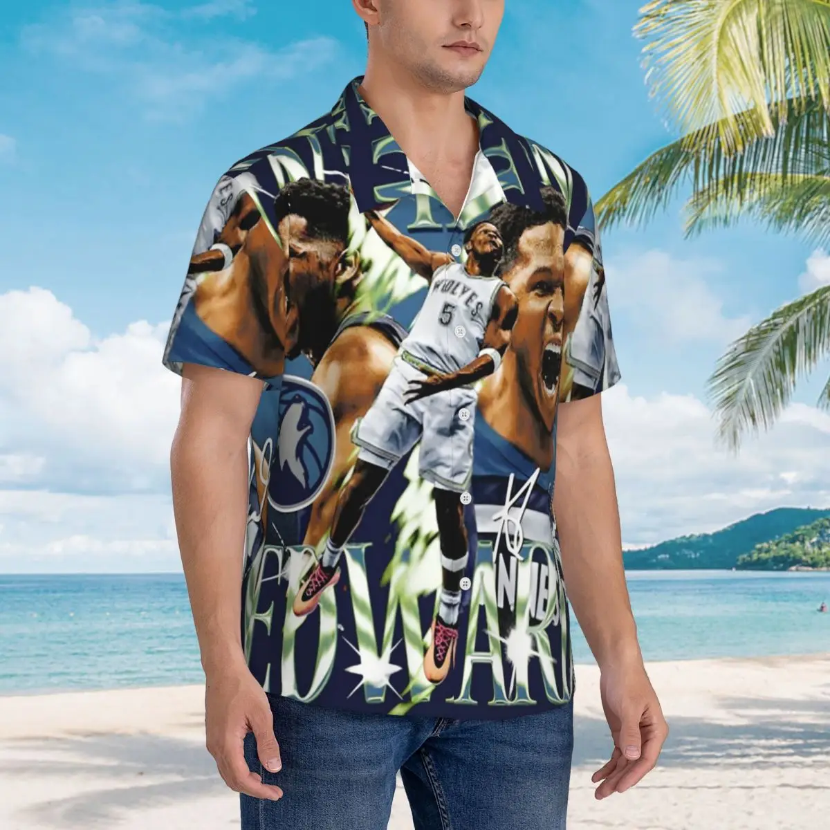 

Anthony Edwards Minnesota Basketball Hawaiian Shirts Funny Men Short Sleeve Shirt for Summer Beach Men's Lapel Tops