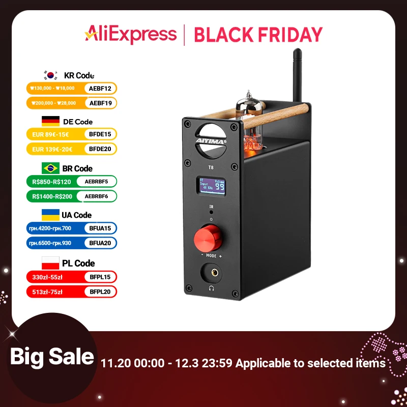 AIYIMA Audio T8 Tube Vacuum Premplifier Bluetooth Amplifier Headphone Amplifier HiFi Bluetooth Preamp Decoder DAC USB Optical
