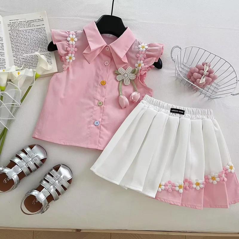 

2025Summer Girls' Outfit New Turn-down Collar Floral Vest Shirt Pleated Short Skirt Baby Girl Princess Two-piece Set