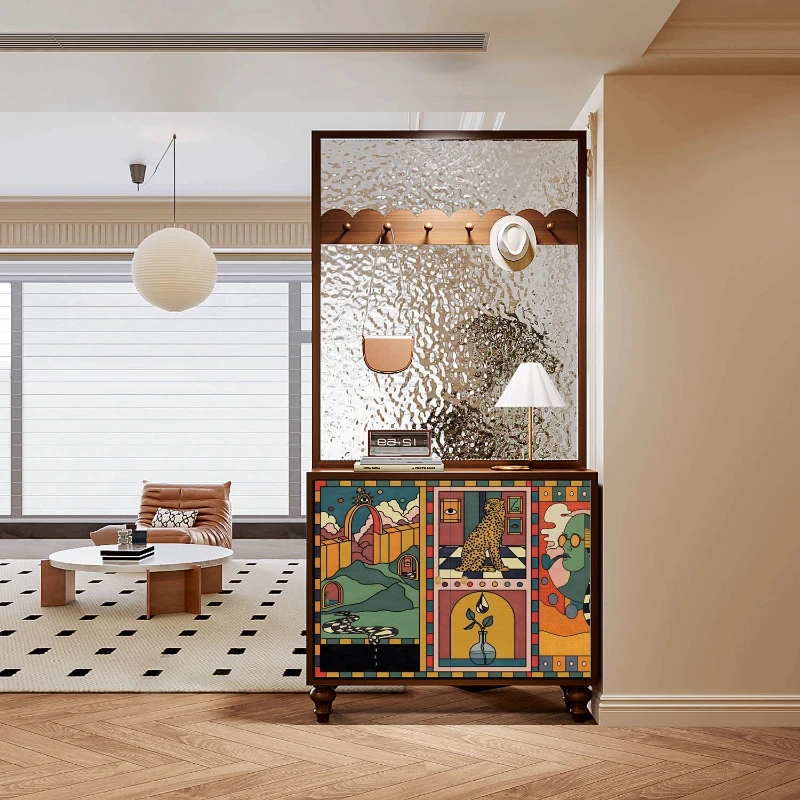 

French retro abstract entrance cabinet solid wood water pattern glass entry door screen partition living room storage shoe
