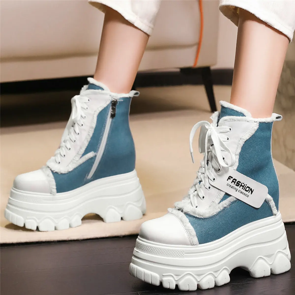 

Winter Pumps Shoes Women Lace Up Cow Leather Super High Heels Snow Boots Female Canvas Round Toe Fashion Sneakers Casual Shoes