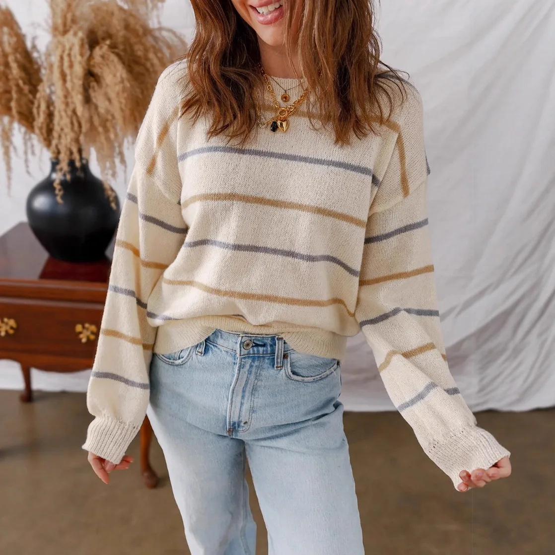 

2025 New Women's Casual Colorful Striped Pullover Long-Sleeve Loose Sweater