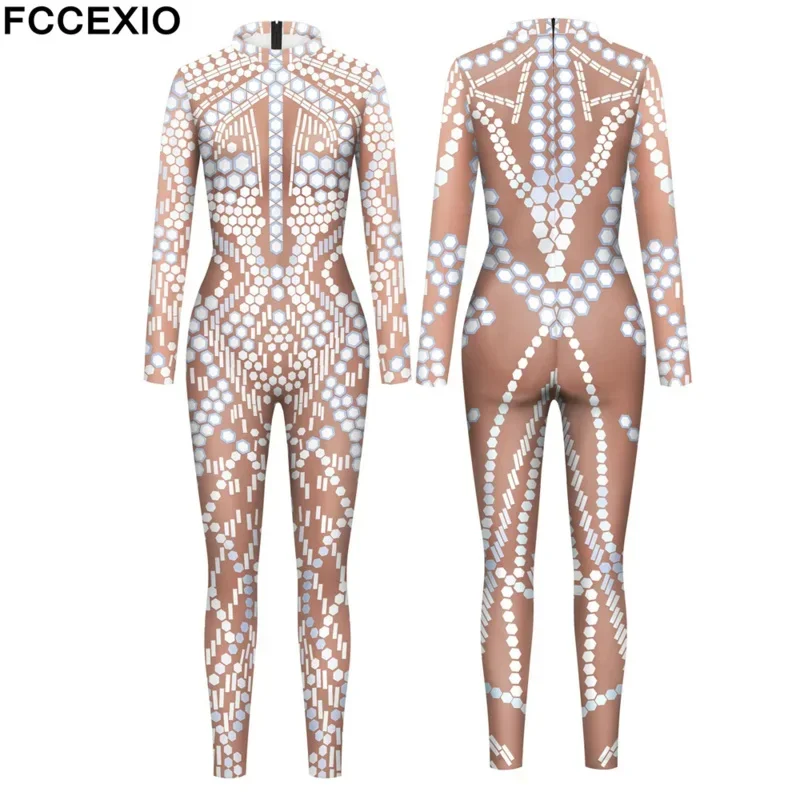 Fccexio-女性のためのセクシーなスパンコールジャンプスーツ,きらびやかなパターン,3Dプリント,スリム,カーニバルコスチューム,派手なボディスーツ,パーティーロンパース,2023