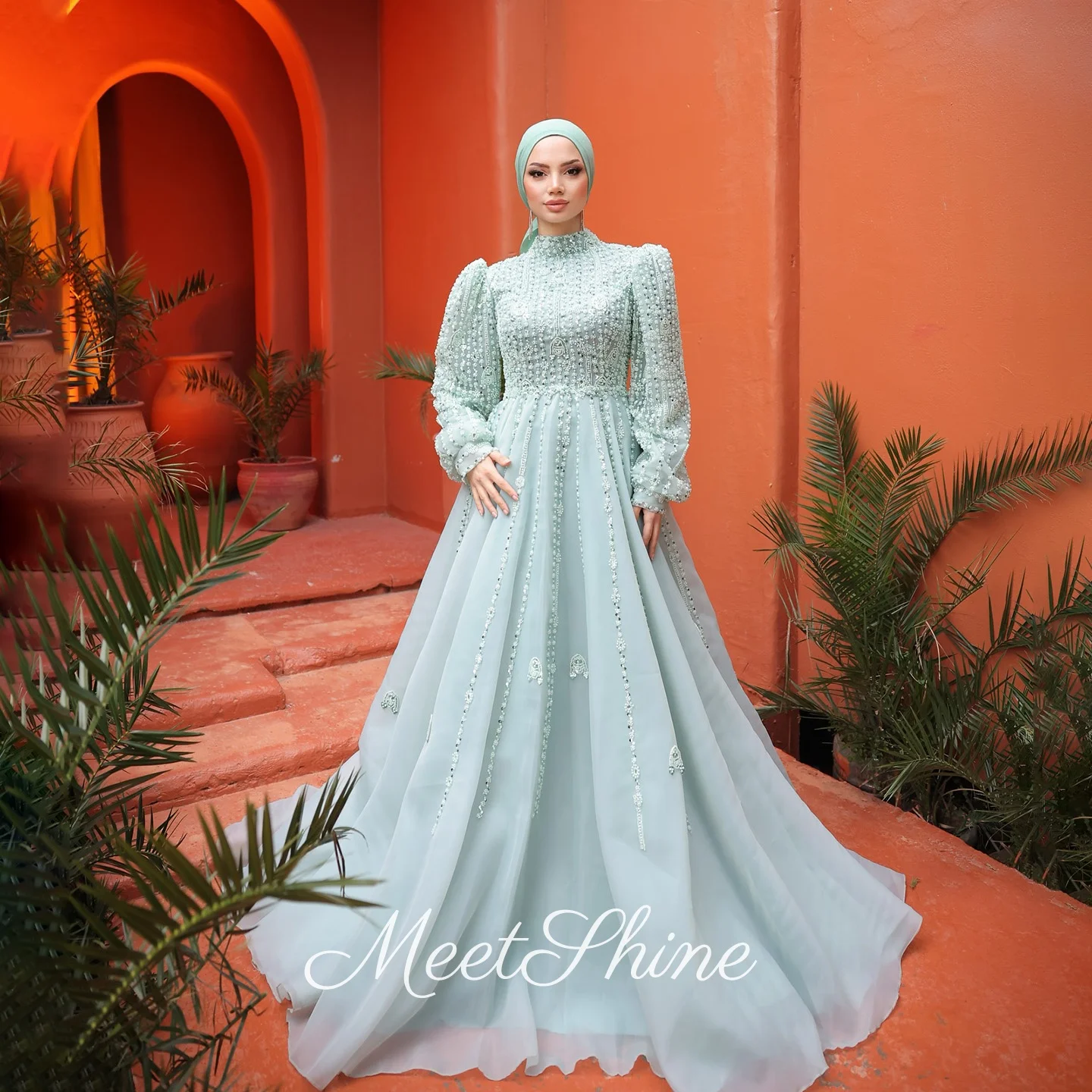 

Luxury Mint Green High Neck A-Line Tulle Prom Dresses Elegant Beading Pearls Long Sleeves Evening Dresses for Women Customized
