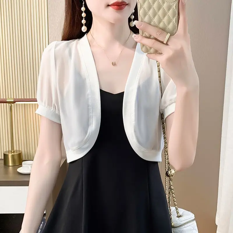 

Women's Shorts Summer New Solid Color Fashion Chic Patchwork V-neck Cardigan Short Sleeve Slim Versatile Capes Ponchos Coat Tops