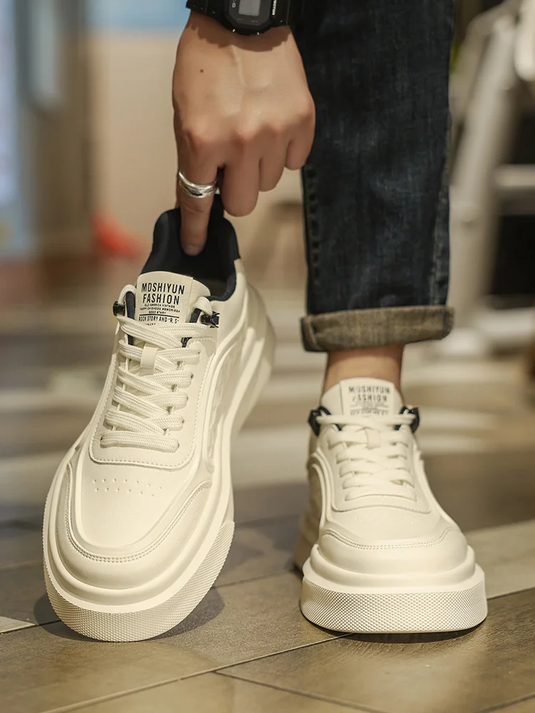 Men's Summer Versatile Leather Surface White Sneakers Casual Sports Thick Bottom Heightening Waterproof Trendy Shoes