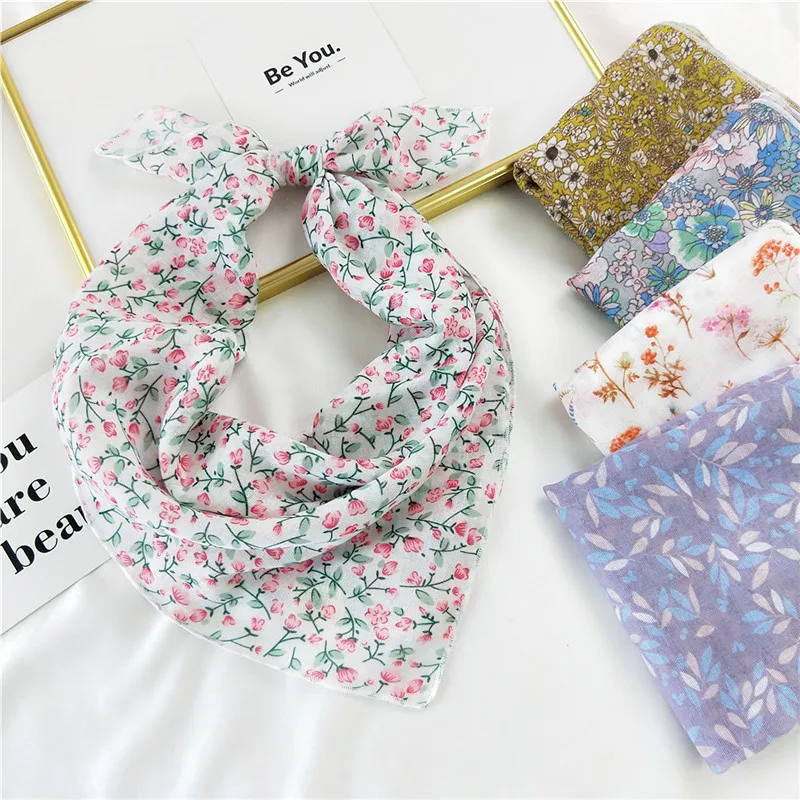 Print Floral Neckerchief Women Scarf Square Handkerchief Cute Cotton Neck Scarves Wrap Headband Bandanas Kerchief Turban 58cm