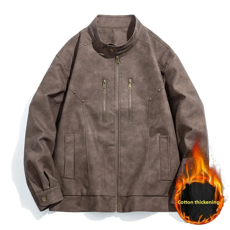 

2025 New Men's Leather Jaet Cotton Inserted Motorcycle Sle Anti-Cold Retro American Cool Windproof Long Sve Zipper Clo...