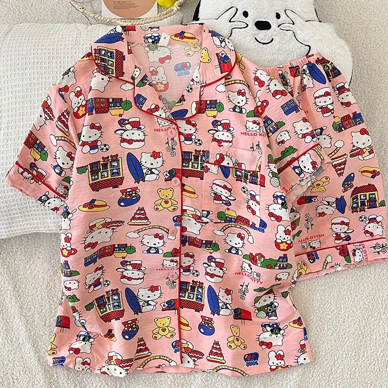 

Hello Kitty Cat Cloud Cotton Pajamas Women's Summer Small Lapels Short Sleeve Shorts Sweet Cute Girl's Loungewear Set