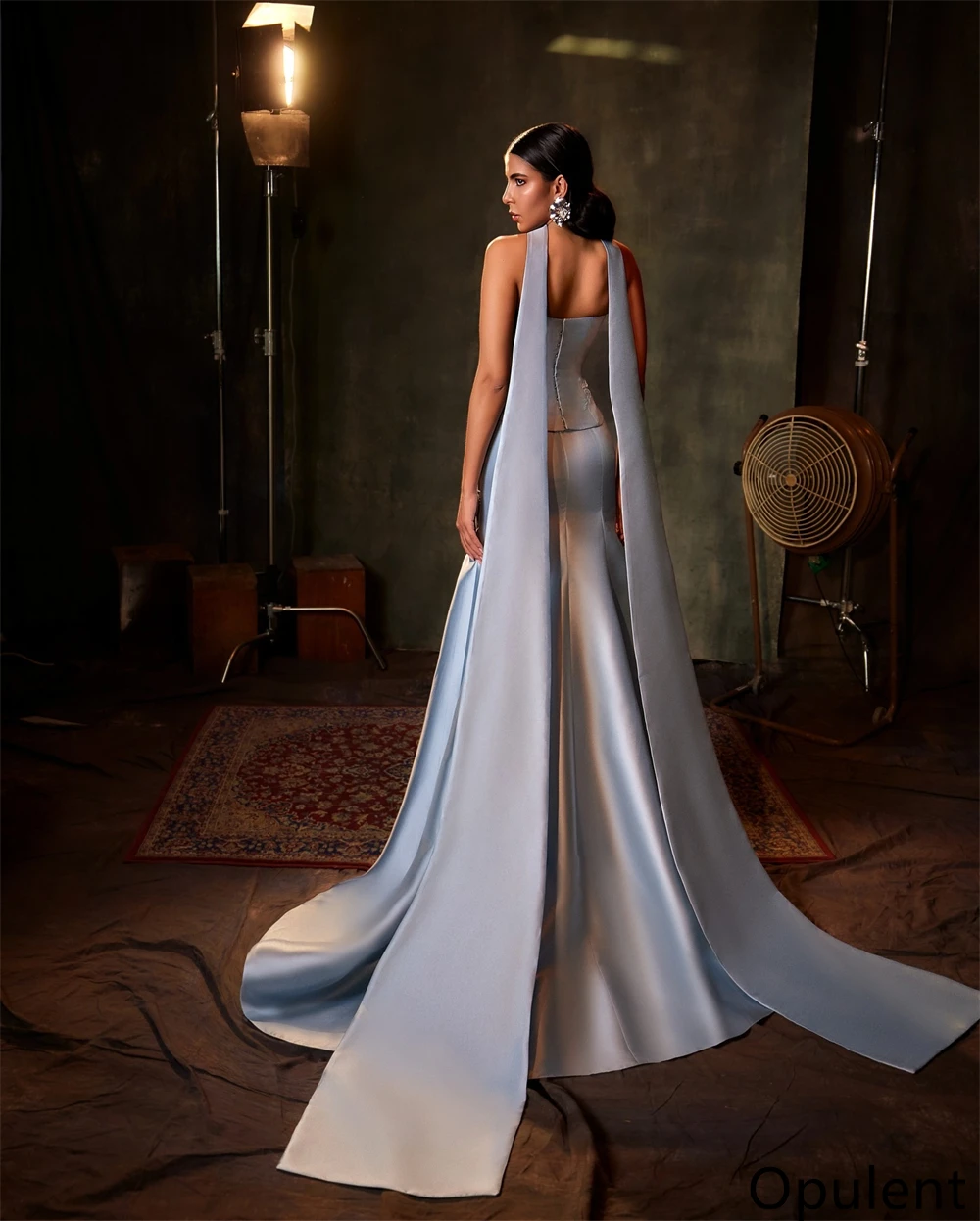 

Customized Delicate Blue Satin Evening Dress Strapless Sleeveless Bespoke Occasion Gowns Celebrity Gowns Appliques Ribbons