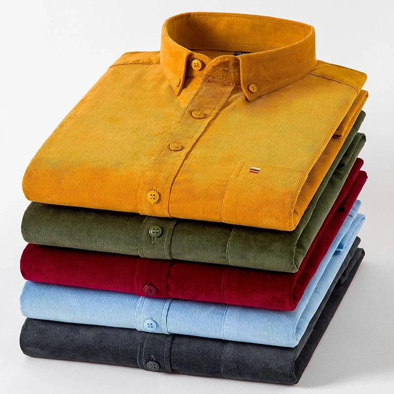 Cotton Corduroy Shirt Men’s Long Sleeve Casual Regular Fit Soft Comfortable Pocket Dress Shirts For Male Blouse Clothes 7XL