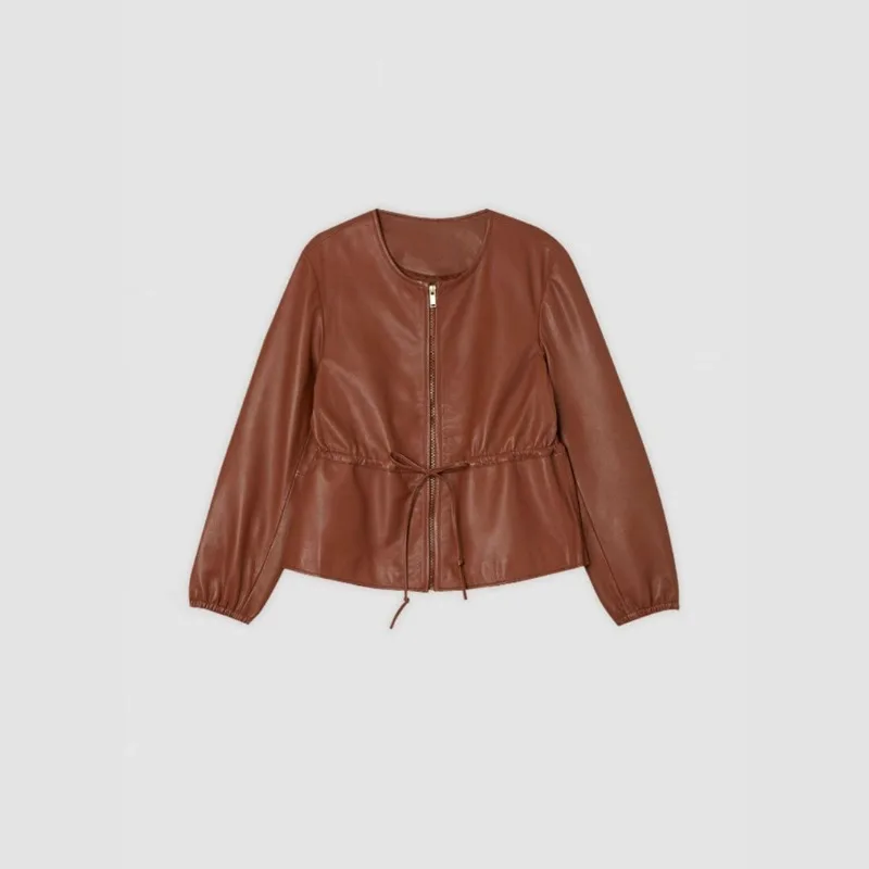 Europe America Fashion Round Collar The Drawstring Pleated Waist Slimming and Versatile Design Short Long-sleeved Leather Coat