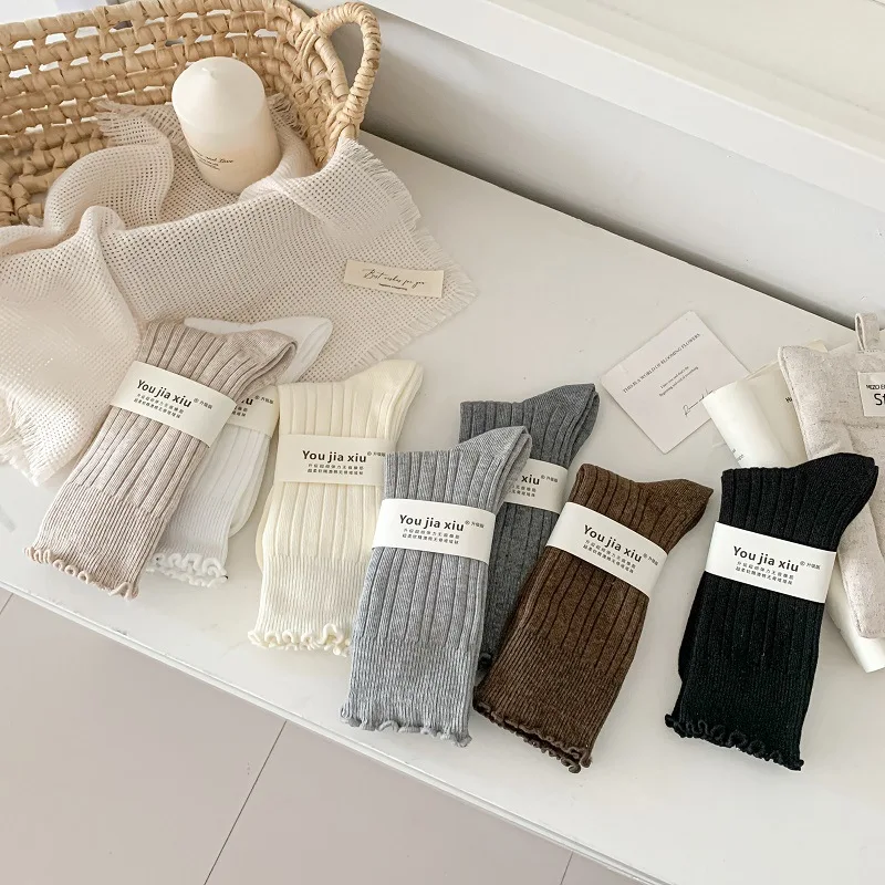 

7 пар белых женских носков до середины икры, хлопковые весенне-осенне-зимние носки-кокетки, женские теплые носки с рюшами, высокое качество