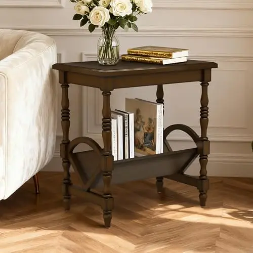 Wood End Table, Vintage Sofa Side Table with Magazine Rack and Rubberwood Legs, Bedside Table with Birch Wood Veneer