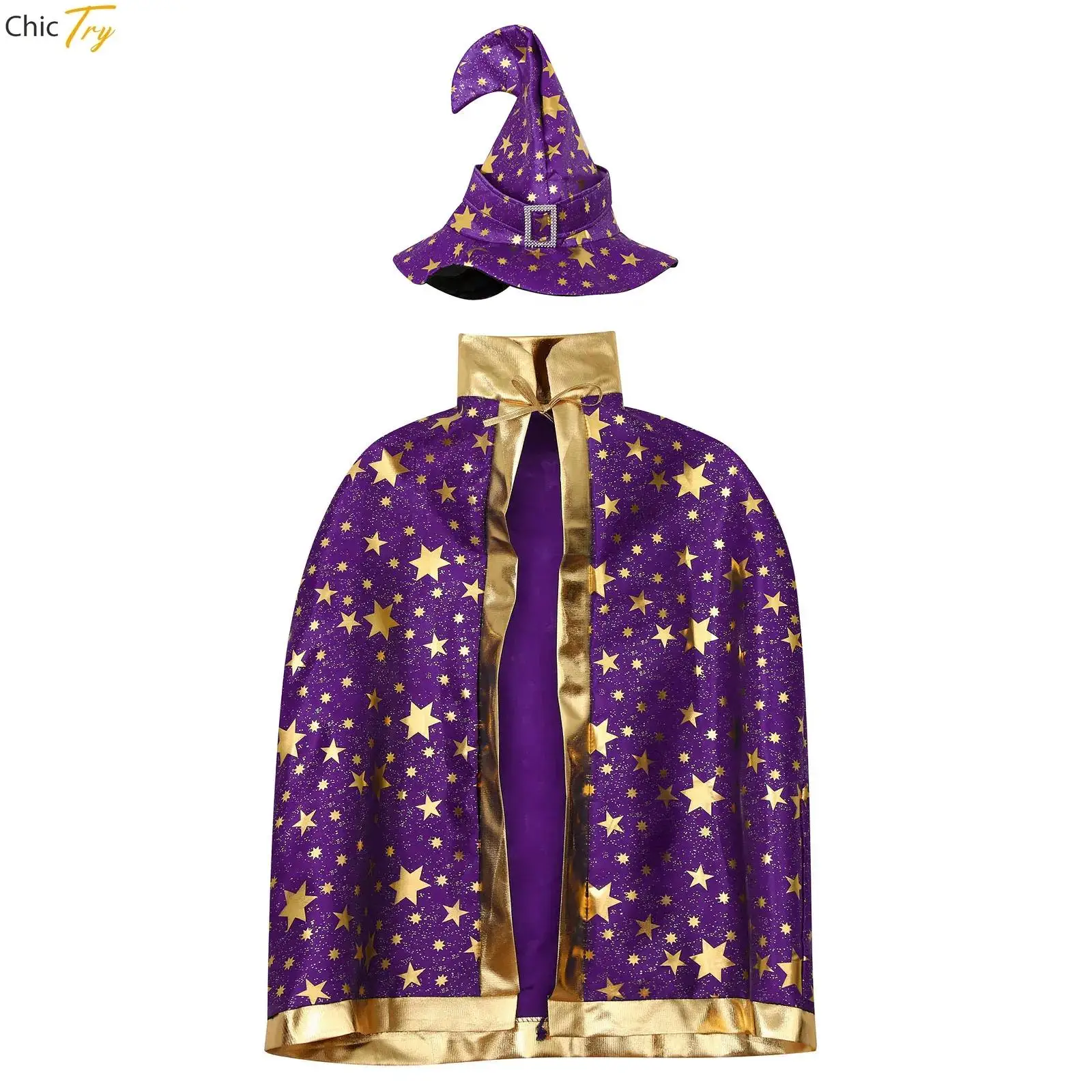 Halloween Cloak Boys Girls Cos Witch Cloak Makeup Ball Five Star Cloak Hat Set Cosplay Cool Cute Costume Halloween Performance