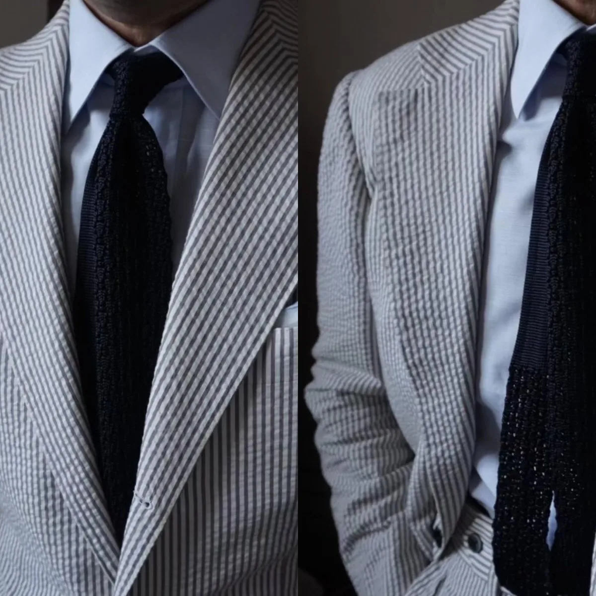 Classic Light Grey Pinstripe Blazer with Notch Lapel and Pocket Square Men Autumn Business Suit Jacket Customized M265870