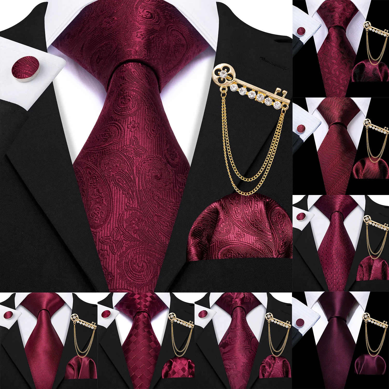 Barry.Wang Burgundy Silk Mens Tie Hanky Cufflinks Brooch Set Jacquard Red Wine Maroon Necktie Collar Pin For Male Wedding Events