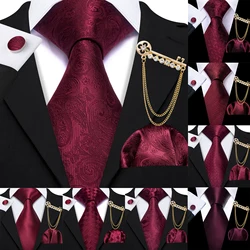 Burgundy Mens Tie Hanky Cufflinks Brooch Set Jacquard Red Wine Maroon Necktie Collar Pin For Male Wedding Events