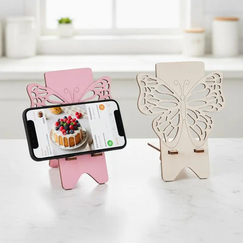 

Butterfly Wooden Phone Stand Hollow Out Desk Holder Cute Portable Phone Mount for Reading Cooking or Bedroom Use